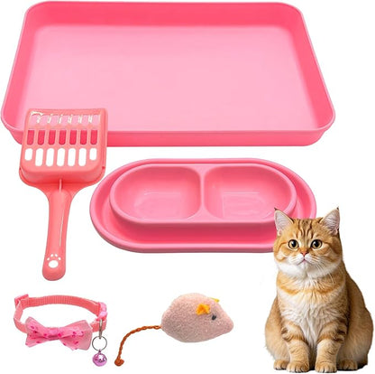 Cute Kitten Starter Kit, Small Cat Litter Box, Litter Scoop, Double Dish Feeding Bowl, Adjustable Cat Collar with Bell, Cat Mouse Toy,Low Entry Baby Kitten Training, First Catty Owner Essentials