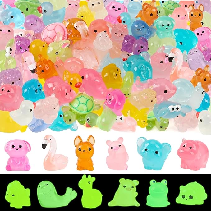 56 Pcs Luminous Mini Resin Animals,Glow in The Dark Tiny Resin Animals Variety Pack Small Farm Ocean Figures to HideGarden Fairy Accessories Party Decorations Favors