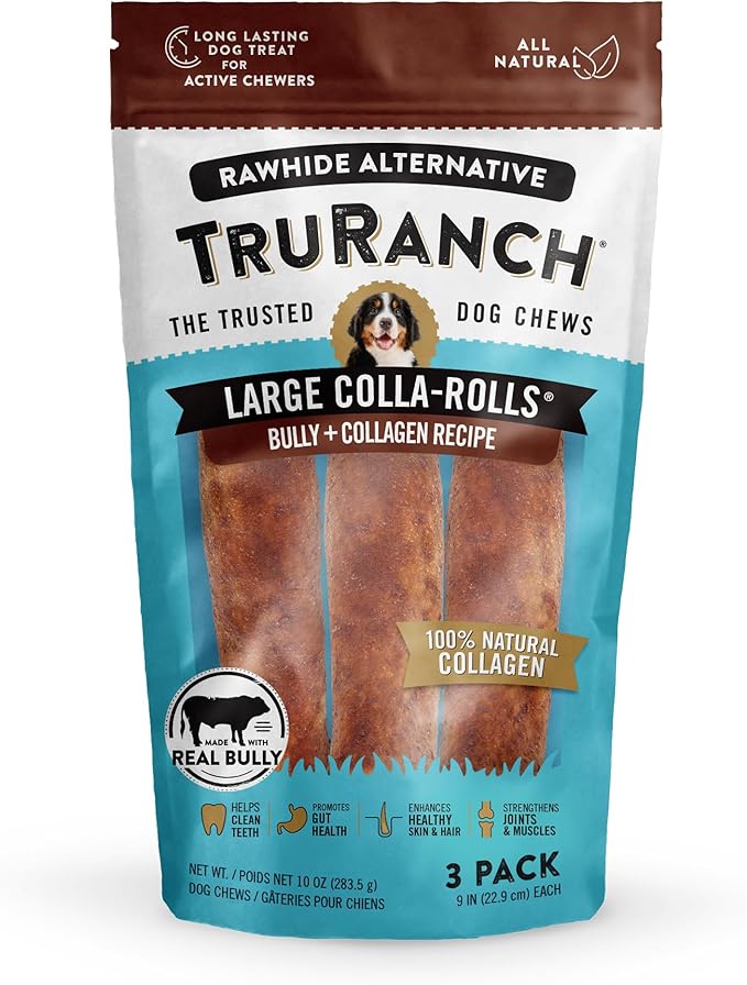 TRURANCH Collagen Rolls - 9" Collagen Rolls for Dogs - Long Lasting Healthy Joint Support Dog Treat - Rawhide Alternative - Skin & Coat Health - Made with Real Bully, 1 Bag, 3 Count