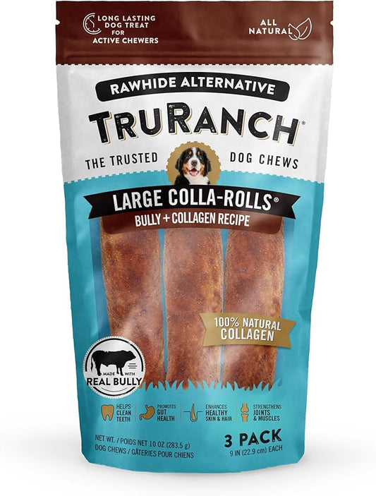 TRURANCH Collagen Rolls - 9" Collagen Rolls for Dogs - Long Lasting Healthy Joint Support Dog Treat - Rawhide Alternative - Skin & Coat Health - Made with Real Bully, 1 Bag, 3 Count