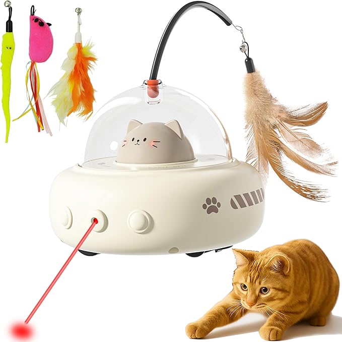 hooroor Laser Cat Toy for Indoor Cats,2 in 1 UFO-Vehicle Automatic Motion with Feather,Rechargeable Electronic Smart Sensor,Interactive Toys for Bored Cats/Kittens/Dogs,Ideal Gift (White Updated)