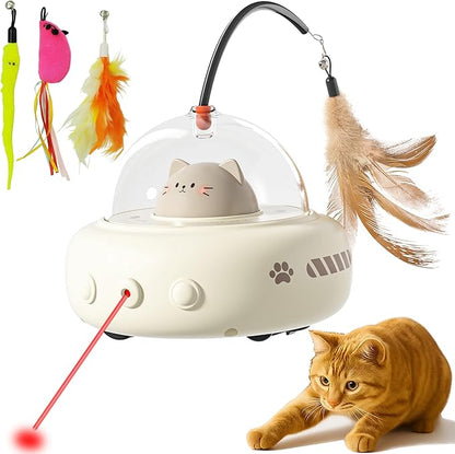 hooroor Laser Cat Toy for Indoor Cats,2 in 1 UFO-Vehicle Automatic Motion with Feather,Rechargeable Electronic Smart Sensor,Interactive Toys for Bored Cats/Kittens/Dogs,Ideal Gift (White Updated)