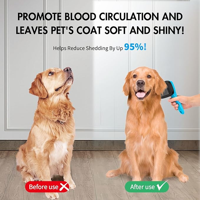 Dog Self Cleaning Slicker Brush for Shedding, Ideal for Short Long Haired Dogs, Including Cat. Removes Loose Fur, Undercoat, Mats, Tangled Hair. Suit for Large Medium Small Animal, Blue