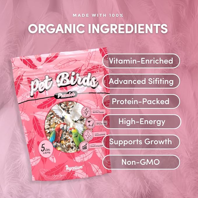 Mycelium Organic Pet Bird Premier Bird Seed (5 LBS) | Premium Food for Parrots, Cockatoos, & Large Birds | High-Protein, Vitamin-Fortified, Growth & Development Support | USA Made, Non-GMO