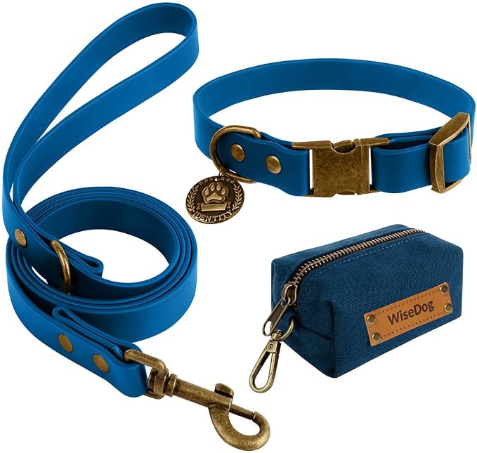 Wisedog Dog Collar and Leash Set, Waterproof Adjustable Puppy Collars with Cute Tag 6FT Dog Leash with Poop Bag for Small Medium Large Dogs (XL(Collar:16"- 25.5";Leash:6 ft), Blue)