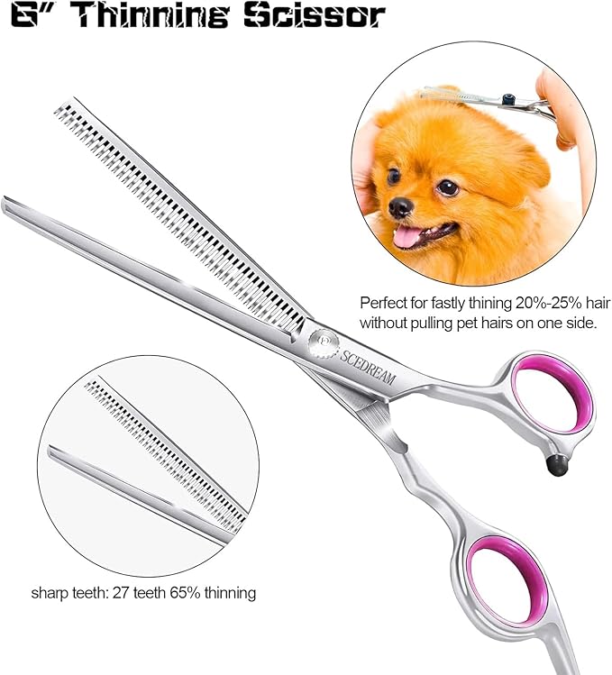 Dog Grooming Scissors - 3 in 1 Pet Grooming Shears Set, Curved Tips, Pink