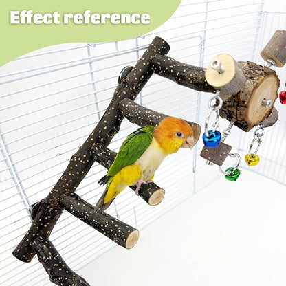 BNOSDM Natural Wood Bird Ladder Perch with Rotating Bell Toys-Exercise Stands for Parrot Climbing Chewing Parakeet Bridge Cage Accessories for Cockatiel, Conures, Lovebirds, Budgie