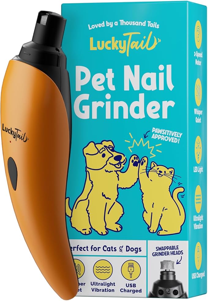LuckyTail Pet Nail Grinder for Dogs and Cats - Super Quiet and Low Vibration Electric Dog Nail Grinder with 2 LED Lights - USB Rechargeable and Cordless - 2 Speeds - Small to Large Pets - Orange