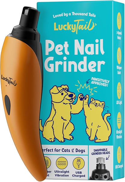 LuckyTail Pet Nail Grinder for Dogs and Cats - Super Quiet and Low Vibration Electric Dog Nail Grinder with 2 LED Lights - USB Rechargeable and Cordless - 2 Speeds - Small to Large Pets - Orange