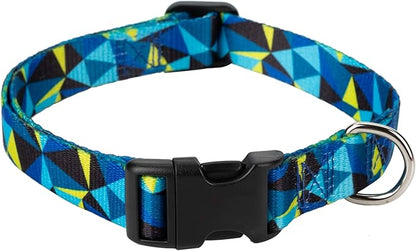 Mile High Life Dog Collar | Cute Puppy Collars | Lightweight Girl Dog Collar | Soft Boy Dog Collars | w Geometric Ocean Wavy Pattern (Blue/Yellow Plaid, Large)