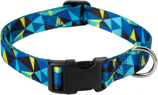 Mile High Life Dog Collar | Cute Puppy Collars | Lightweight Girl Dog Collar | Soft Boy Dog Collars | w Geometric Ocean Wavy Pattern (Blue/Yellow Plaid, Large)