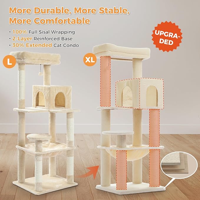 PETEPELA Cat Tree for Large Cats up to 30 lbs, 58" Heavy Duty Cat Tower with Reinforced Scratching Posts[ φ3.9”], Large Hammock, Spacious Condo & Top Perch, Sturdy Cat Furniture for Maine Coons, Beige