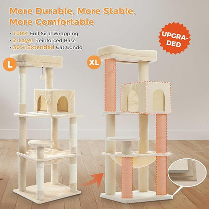 PETEPELA Cat Tree for Large Cats up to 30 lbs, 58" Heavy Duty Cat Tower with Reinforced Scratching Posts[ φ3.9”], Large Hammock, Spacious Condo & Top Perch, Sturdy Cat Furniture for Maine Coons, Beige