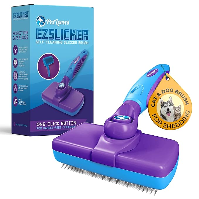 PetLovers EzSlicker Self-Cleaning Brush - Dog Brush for Shedding, Gentle Slicker Brush for Cats, Tangle-Free Grooming Comb with Soft Bristles & Ergonomic Handle for Stress-Free Grooming (Purple)