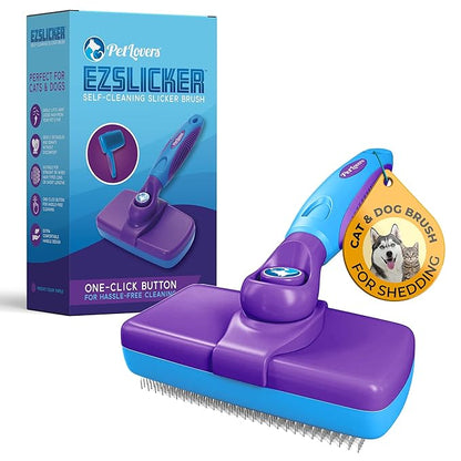 PetLovers EzSlicker Self-Cleaning Brush - Dog Brush for Shedding, Gentle Slicker Brush for Cats, Tangle-Free Grooming Comb with Soft Bristles & Ergonomic Handle for Stress-Free Grooming (Purple)