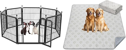 FXW 24 inch 8 Panels Rollick Dog Playpen & FXW 63" x 63" 1 Pack Washable Pee Pads