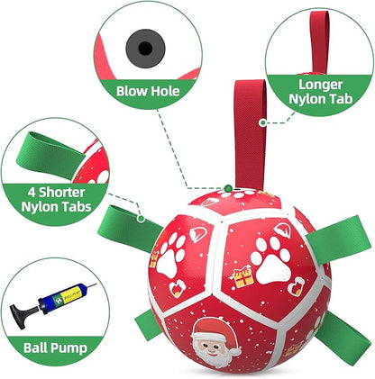 QDAN Christmas Dog Toys Soccer Ball with Straps, Outdoor Interactive Dog Toys for Tug of War, Puppy Birthday Gifts, Dog Tug Toy, Dog Water Toy, Durable Dog Balls for Small Dogs（5 Inch）