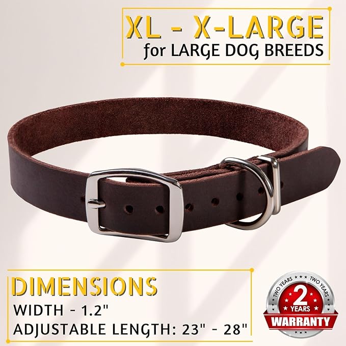 ADITYNA - Leather Dog Collar for Extra-Large Dogs - Heavy Duty Dog Collar for Big Dog Breeds - XL Dog Collar (XL - Neck: 23-28 inches, Brown)