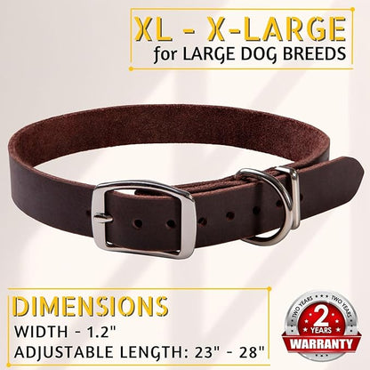 ADITYNA - Leather Dog Collar for Extra-Large Dogs - Heavy Duty Dog Collar for Big Dog Breeds - XL Dog Collar (XL - Neck: 23-28 inches, Brown)