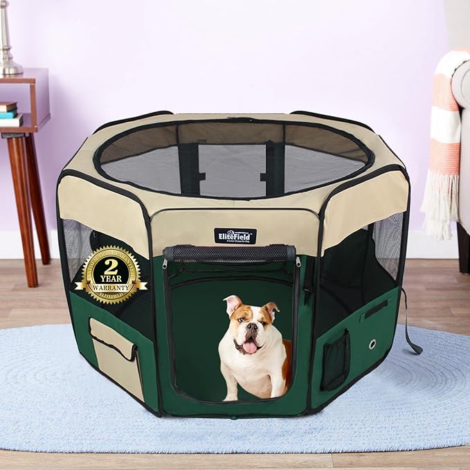 EliteField 2-Door Soft Pet Playpen (2 Year Warranty), Exercise Pen, Multiple Sizes and Colors Available for Dogs, Cats and Other Pets (52" x 52" x 32"H, Beige+Green)