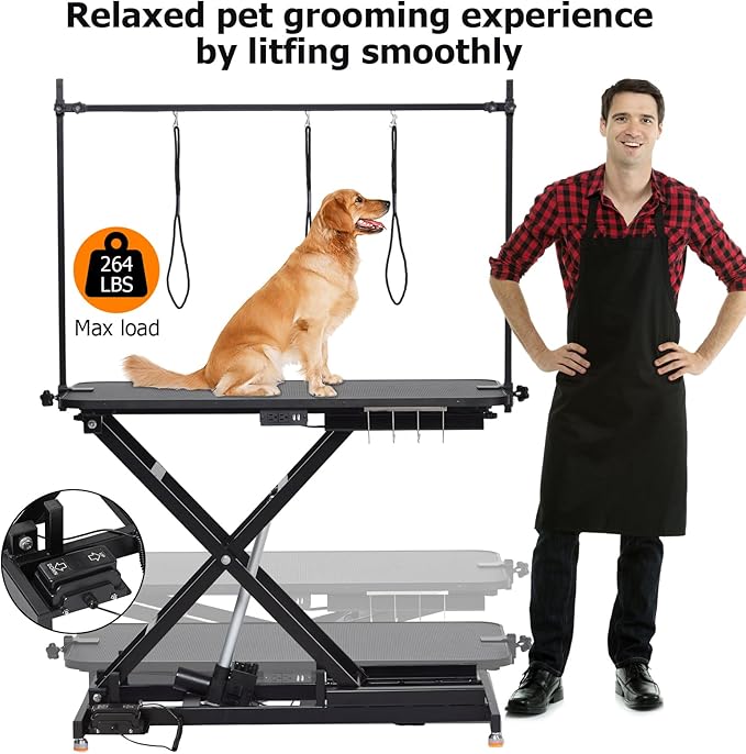 47" Electric Dog Grooming Table - Heavy Duty, Height Adjustable Pet Grooming Table w/Leveling Wheels, Dog Grooming Arm, Non-Slip Rubber Surface, Max Load 264 Lbs, Black