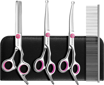 Dog Grooming Scissors With Safety Round Tips 5 in 1 - 4CR Stainless Steel Professional Pet Shears for Dogs and Cats, Pink
