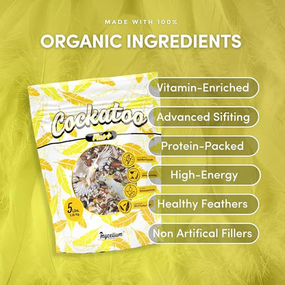 Mycelium Organic Cockatoo Plus Bird Seed (5 LB Bag) | Premium Bird Food for Cockatoos & Parrots | High-Protein, Vitamin-Fortified Daily Nutrition | Skin & Feather Support | Non-GMO, USA Made