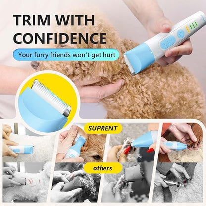 SUPRENT Dog Grooming Kit, 4 in 1 Quiet Pet Clippers for Grooming Supplies, Cordless Cat Paw Trimmer Dog Nail Grinder, Professional Long Hair Shaver Set for Cat Matted Hair and Small Dogs Blue