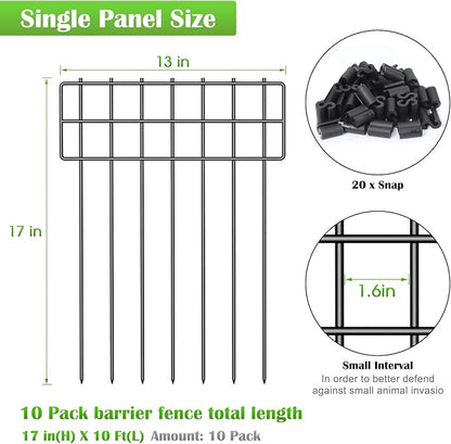 10 Pack Animal Barrier Fence, 17 in(H) X 10 Ft(L) No Dig Garden Decorative Fencing, Rustproof Metal Wire Panel Garden Fence Border for Dog Rabbits Ground Stakes Fence and Outdoor Landscape Yard
