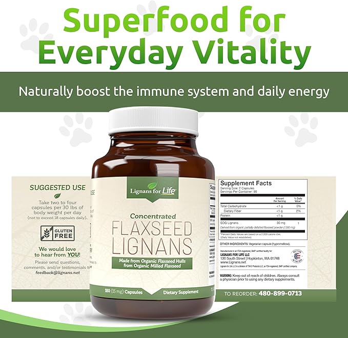 Lignans For Life Flaxseed Lignans for Dogs & People + SDG - Omega 3 Fatty Acids, High Fiber Antioxidants - Improve Shiny Coat, Digestive & Heart Health for Dogs, 15mg, 180 Flaxseed Capsules, 1 Pack