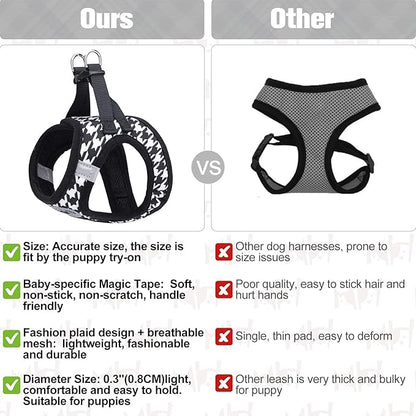 BEAUTYZOO Small Dog Harness and Leash Set,Step in No Chock No Pull Soft Mesh Dog Harnesses Reflective for Extra-Small/Small Medium Puppy Dogs and Cats, Plaid Dog Vest Harness for XS S Pets, Black S