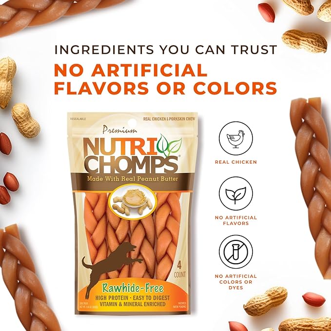 NutriChomps Dog Chews, 6-inch Braids, Easy to Digest, Rawhide-Free Dog Treats, Healthy, 4 Count, Real Peanut Butter Flavor