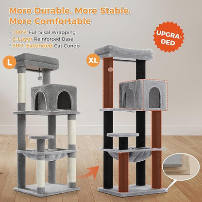 PETEPELA Cat Tree for Large Cats up to 30 lbs, 58" Heavy Duty Cat Tower with Reinforced Scratching Posts[ φ3.9”], Large Hammock, Spacious Condo & Top Perch, Sturdy Cat Furniture for Maine Coons, Black