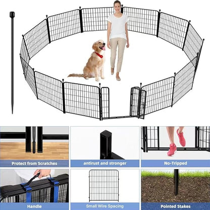 ADAVIN Tall Garden Fence 54 in(H)_22.1 Ft(L),10 Panels Dog Fence Outdoor for Yard, Heavy Duty Iron Metal Fence with Gate Low Threshold, No Dig Fence Panels, Animal Barrier Fence, Black