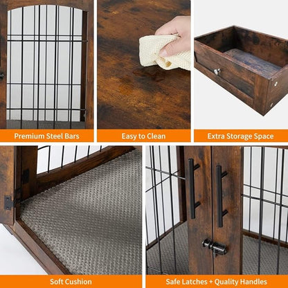 Dog Crate Furniture with Storage Drawers,39.4" Wooden Dog Crate Table with 2 Drawers,Indoor Dog Kennel with Cushion,Dog House,Dog Cage,Side End Table Crate,Rustic brown