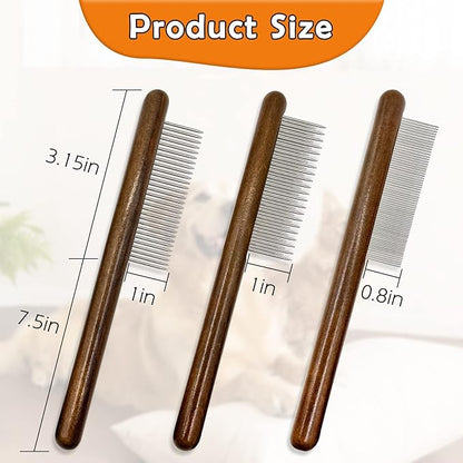 3 Pack Solid Wood Cat Combs, Stainless Steel Teeth for Cat Dog Rabbit Massage, Flea Lice Comb Removes Mats, Tangles and Loose Fur, Grooming Comb for Small Medium Pets