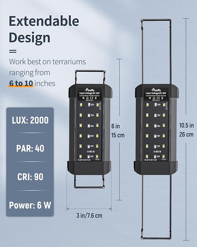Pawfly 6 W Terrarium Light for 6" to 10" Terrariums Extendable Reptile Tank Light with Full Spectrum Brilliant White Blue Red Lights with Day & Night Modes and Adjustable Brightness