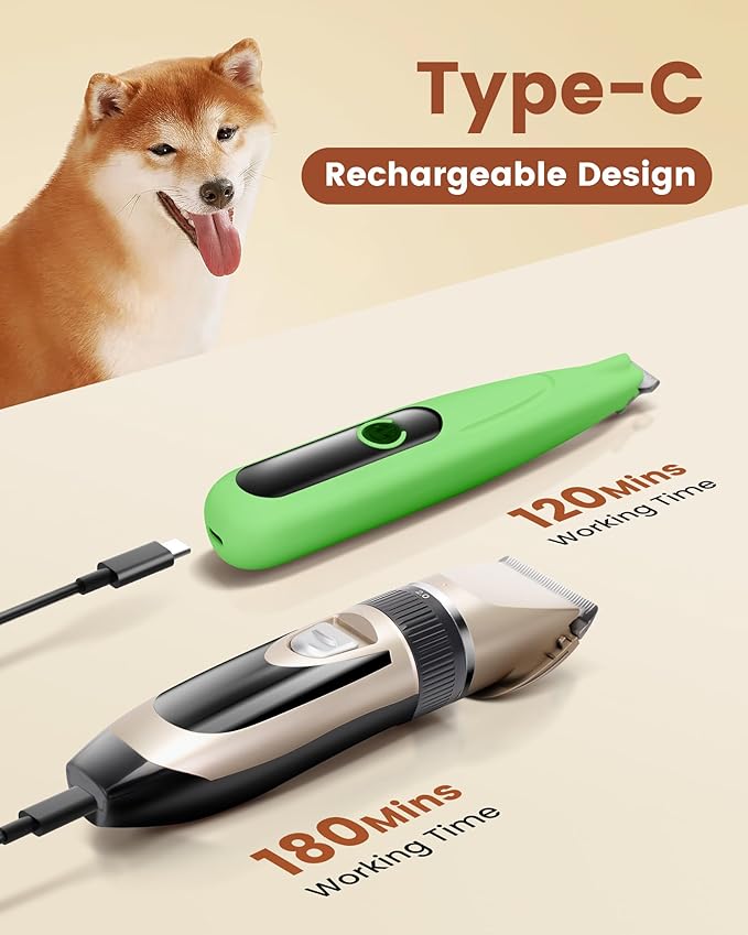 2 in 1 Dog Grooming Kit, Low Noise Rechargeable Dog Clippers for Grooming, Cordless Pet Grooming Clippers and Pet Paw Trimmer, Cat Shavers for Small Dogs Cats Animals Gold Green