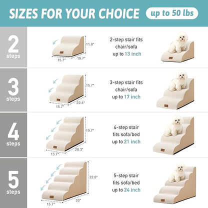 Dog Stairs for Small Dogs, Curved Pet Step with Leakproof Cover, High Density Foam Cat Ramp for Bed or Sofa, Lightweight, Durable, Comfort, 15.7x22.4x15.7 inch, 3 Tiers, Beige