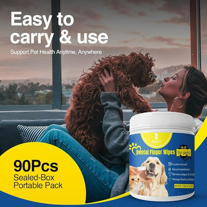 Dog Teeth Cleaning Wipes - No-Rinse Cat Toothbrush, Effective Dog Breath Freshener - Essential for Pet Supplies (90 Count - 1.5 in x 3.15 in)