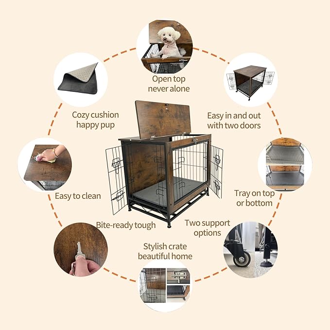 Dog Crate Furniture for Small Dogs, Decorative Wooden Dog Kennel Cage House Indoor for Puppy Pet with Tray Cushion Foldable Top, Storage Playpen, End Side Table,Small,25" L,Rustic Brown