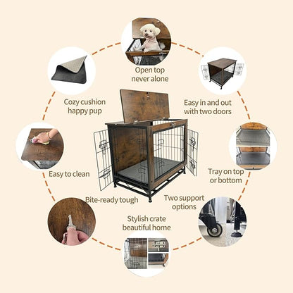 Dog Crate Furniture for Small Dogs, Decorative Wooden Dog Kennel Cage House Indoor for Puppy Pet with Tray Cushion Foldable Top, Storage Playpen, End Side Table,Small,25" L,Rustic Brown