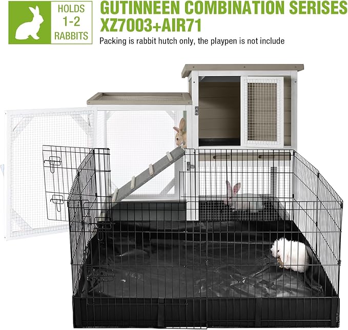 GUTINNEEN Rabbit Hutch Indoor 2 Story with 3 Doors, Outdoor Bunny Cage with Movable Wheels and Easy Clean Trays for Guinea Pig Cage 40.6" L (White and Matcha)