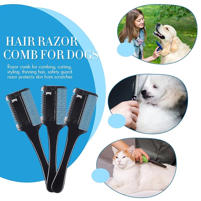 3 Pcs Pet Grooming Razor Comb with 50 Replacement Blades - Double Sided Hair Trimmer, Cutter and Scissors Tool for Dogs and Cats(Black)