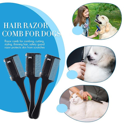 3 Pcs Pet Grooming Razor Comb with 50 Replacement Blades - Double Sided Hair Trimmer, Cutter and Scissors Tool for Dogs and Cats(Black)