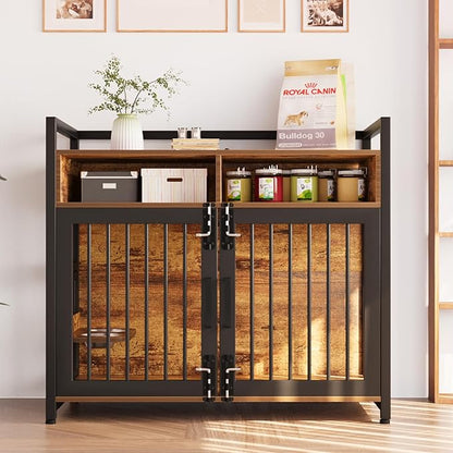 41 Inch Large Dog Crate Furniture for Large Dogs, Heavy Duty Kennel with 2 Drawers Storage, 360° Adjustable Raised Feeder, Wooden Dog Cage Indoor House End Table for Dogs