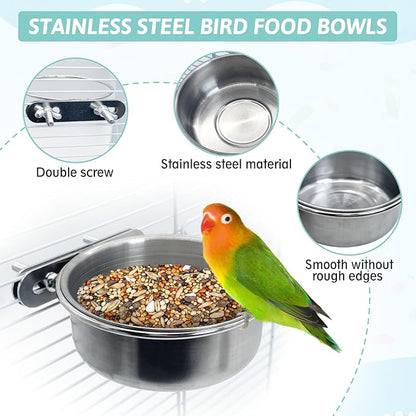 PINVNBY 2 PCS Stainless Steel Bird Bowl Parrot Food Water Bowls with Clamp Holder Bird Feeder Dish Cups Crate Bowls for Cockatiel Pigeons Conure Budgies African Greys (Double Screws Size: S)