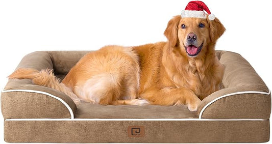 EHEYCIGA Orthopedic Dog Beds for Extra Large Dogs, Waterproof Memory Foam XL Dog Bed with Sides, Non-Slip Bottom and Egg-Crate Foam Big Dog Couch Bed with Washable Removable Cover, Camel