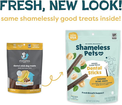 Shameless Pets Dental Treats for Dogs, Banana Bone-Anza - Healthy Dental Sticks with Hip & Joint Support for Teeth Cleaning & Fresh Breath - Chews Free from Grain, Corn & Soy