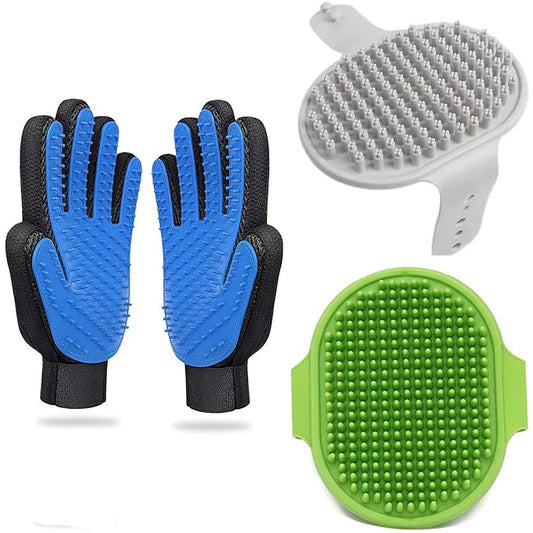 3PCS Pet Grooming Set: Shampoo Brush, Scrubber for Bathing, Shedding Massage Gloves for Short & Long Fur